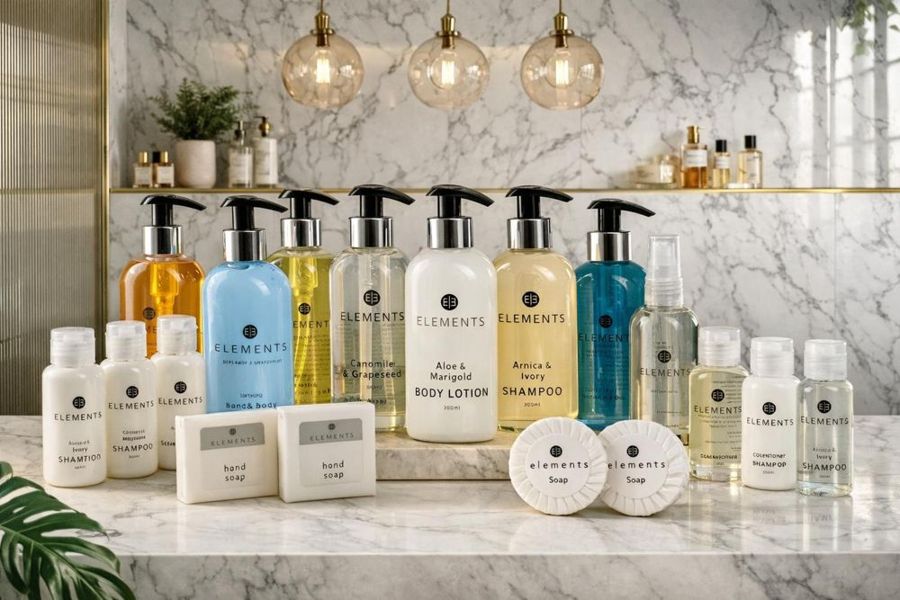 Row of guest toiletry bottles on marble