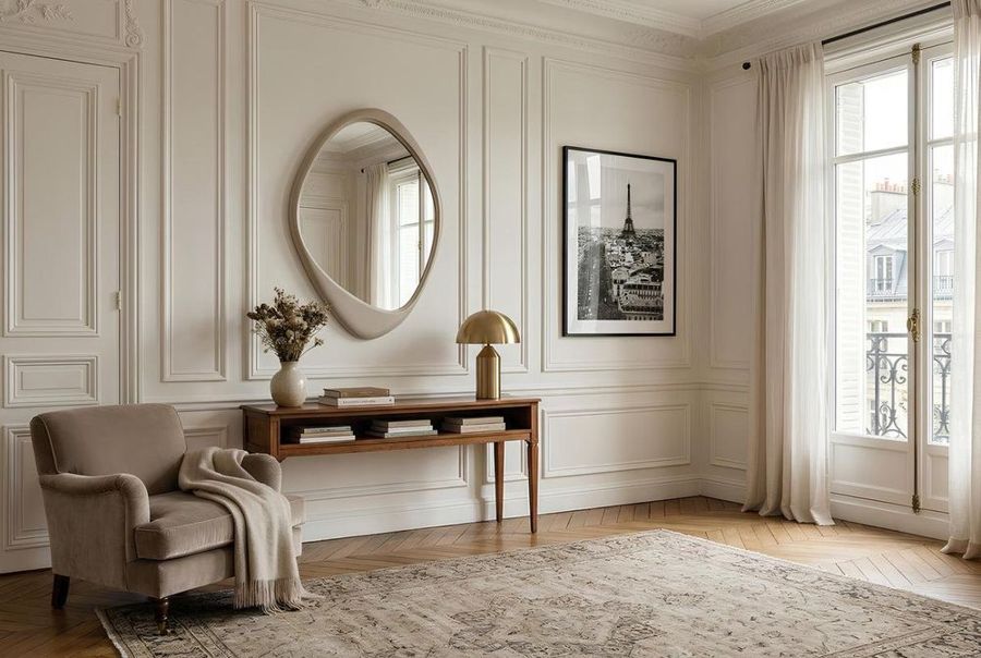 Calm living room with mirror and armchair