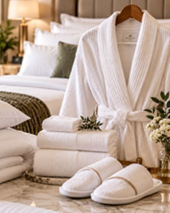 Waffle bathrobe, towels and slippers on a hotel bed